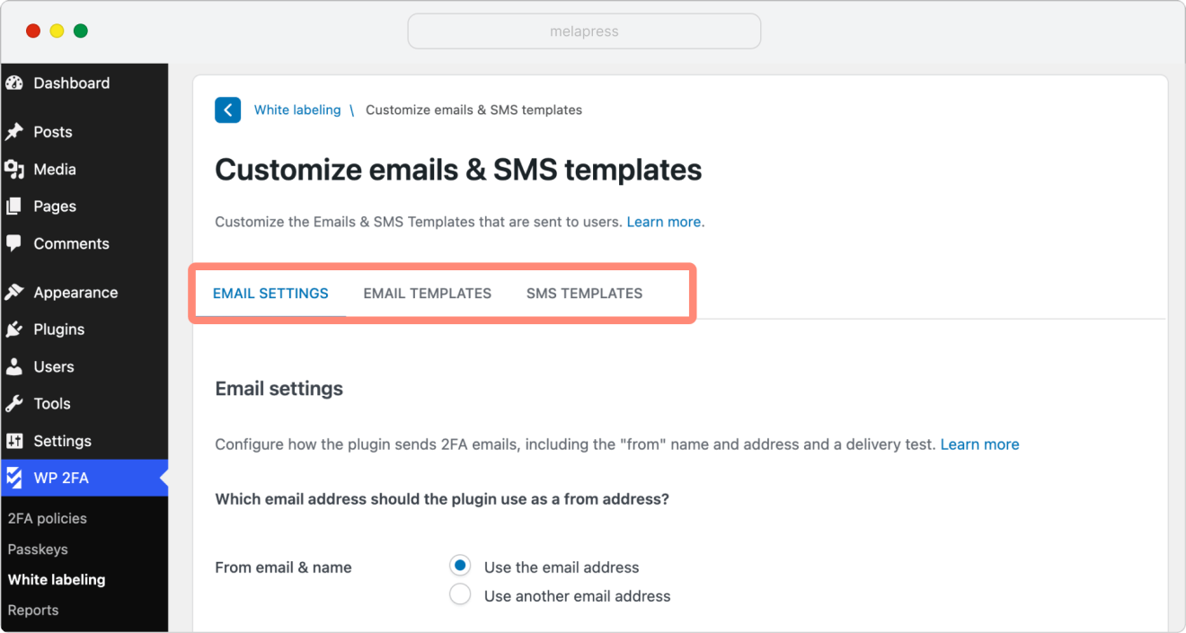 wp 2fa customize email and sms templates
