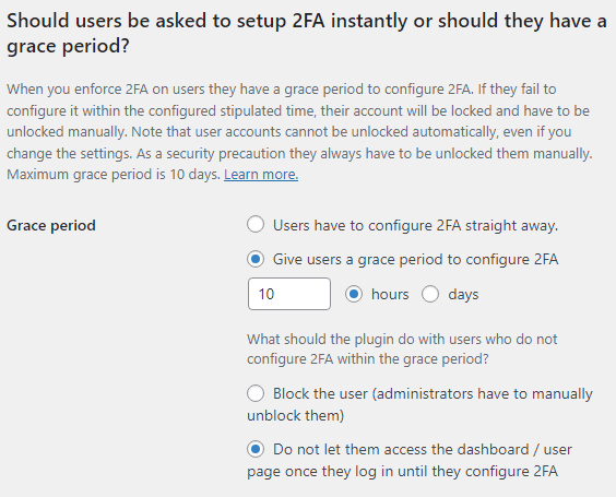 Configure 2FA grace period