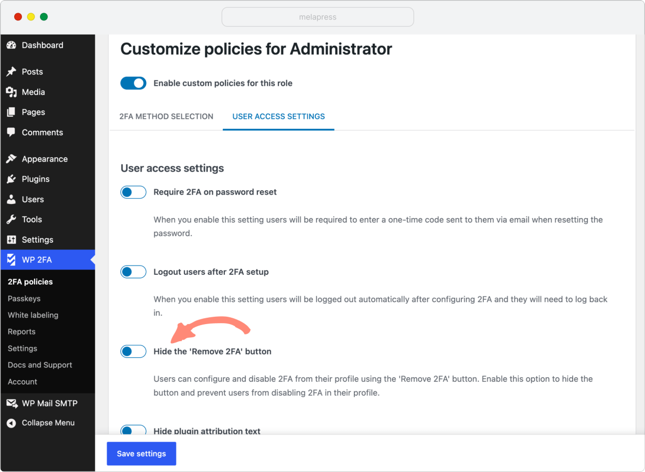 option to hide the 'remove 2fa' button from the custom role in wp 2fa plugin
