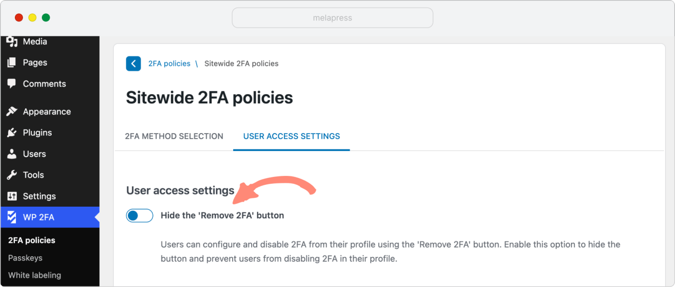wp 2fa user access settings showing where to hide "Remove 2FA button" from users profiles