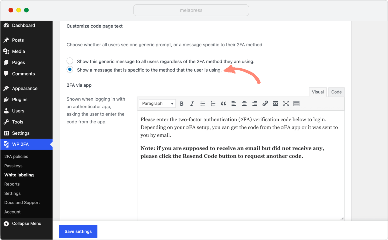 wp 2fa option to show message that is specific to the method user is using