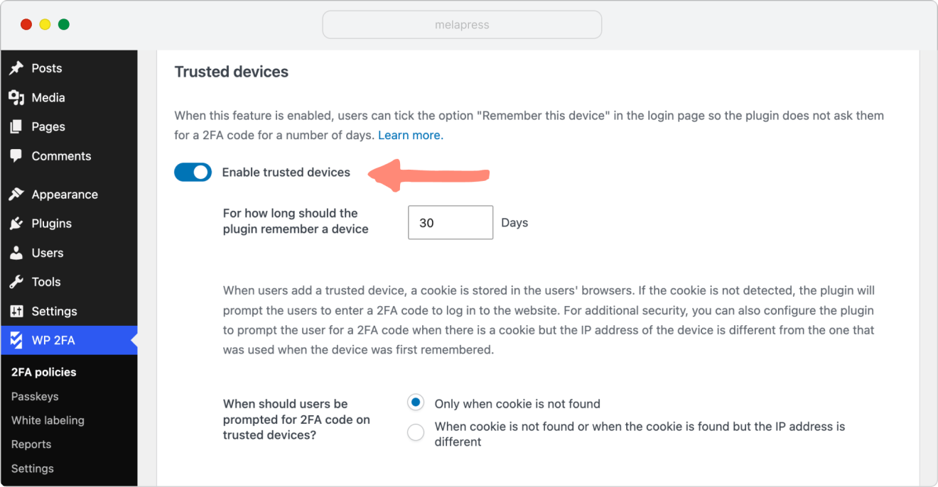 enable Trusted devices option in 2fa settings
