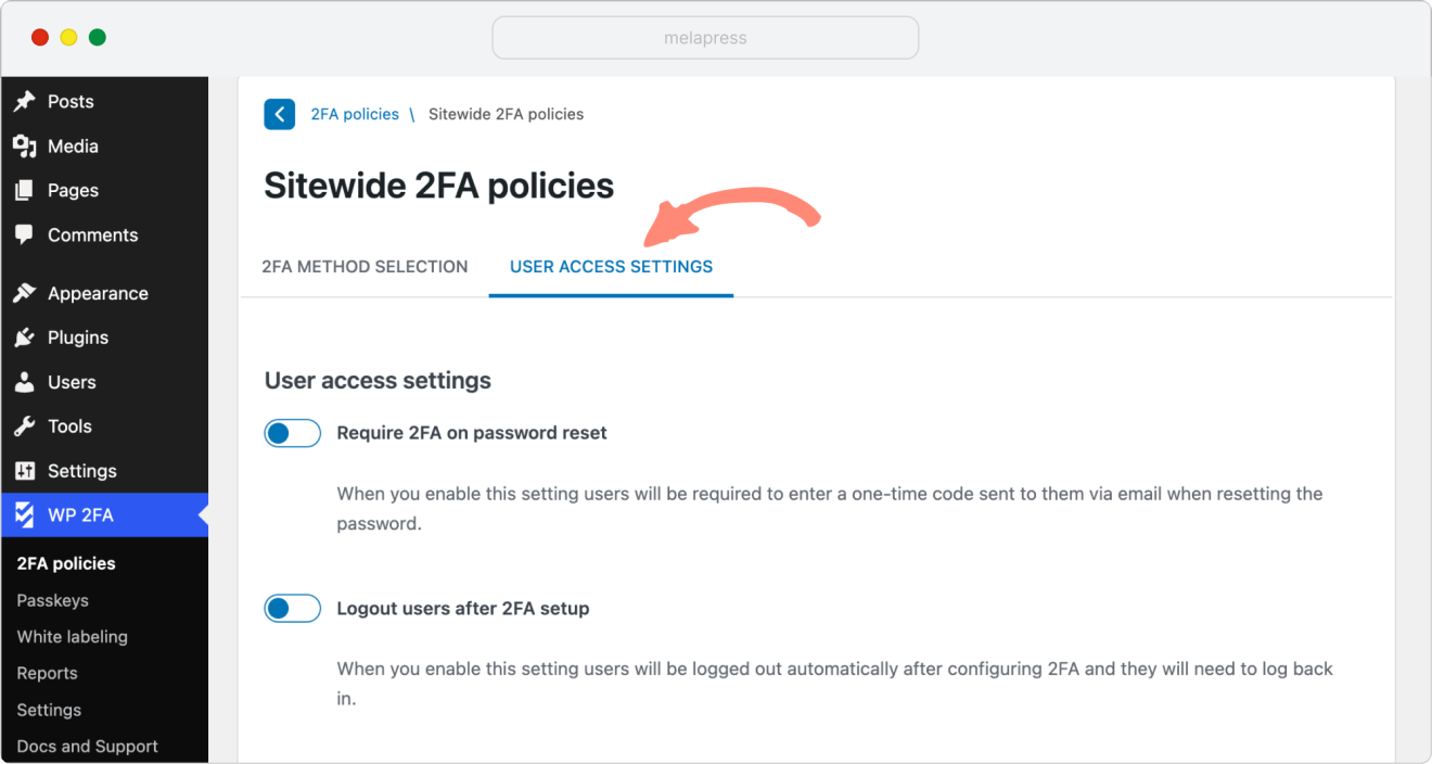 user access settings in WP 2FA plugin