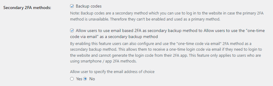 Enable 2FA secondary backup methods