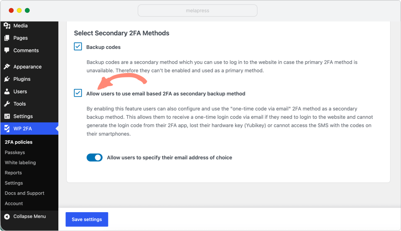 option to allow users to use email based on 2fa as secondary backup method