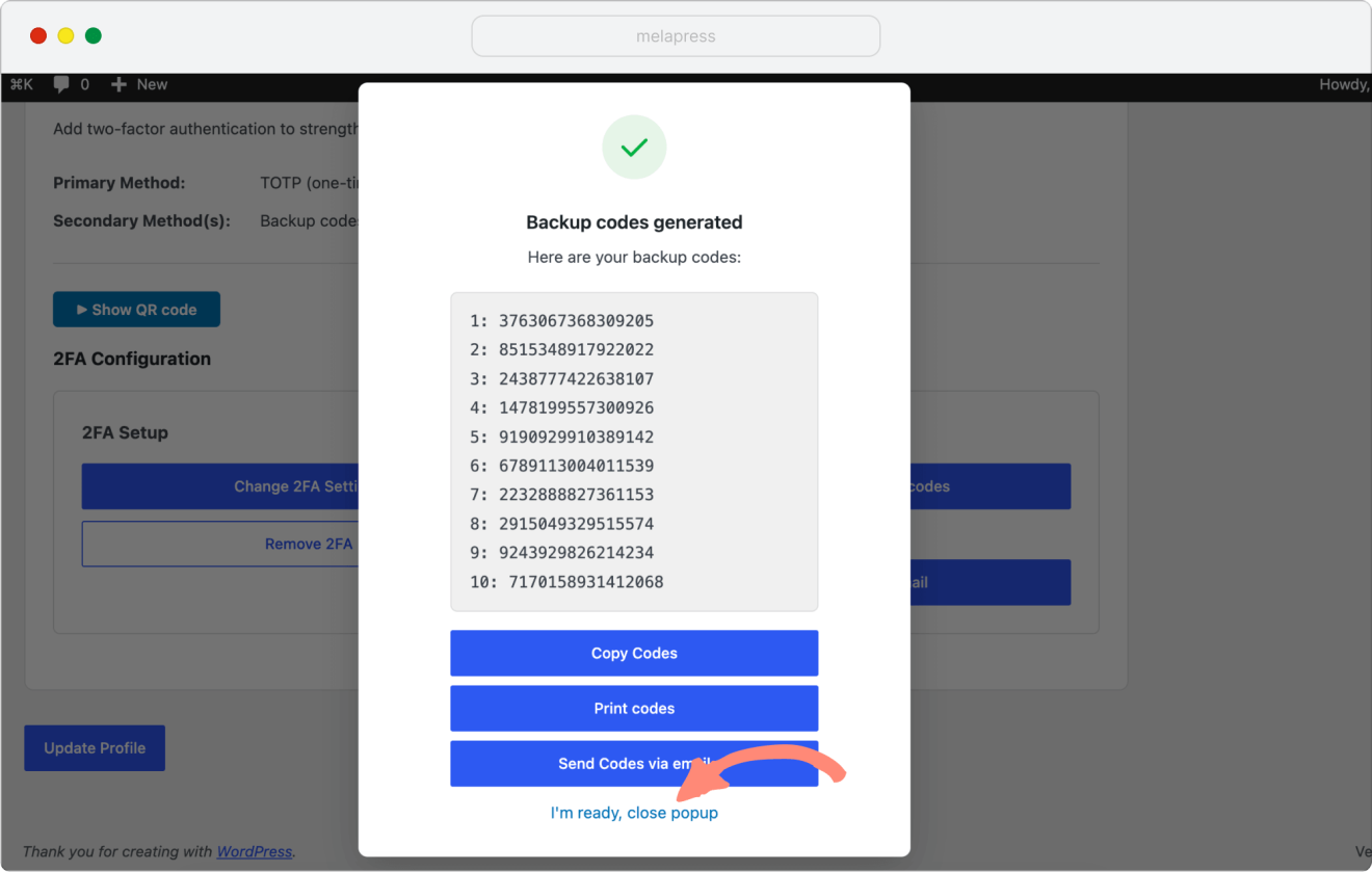 generated backup codes popup with options to save codes and close the popup