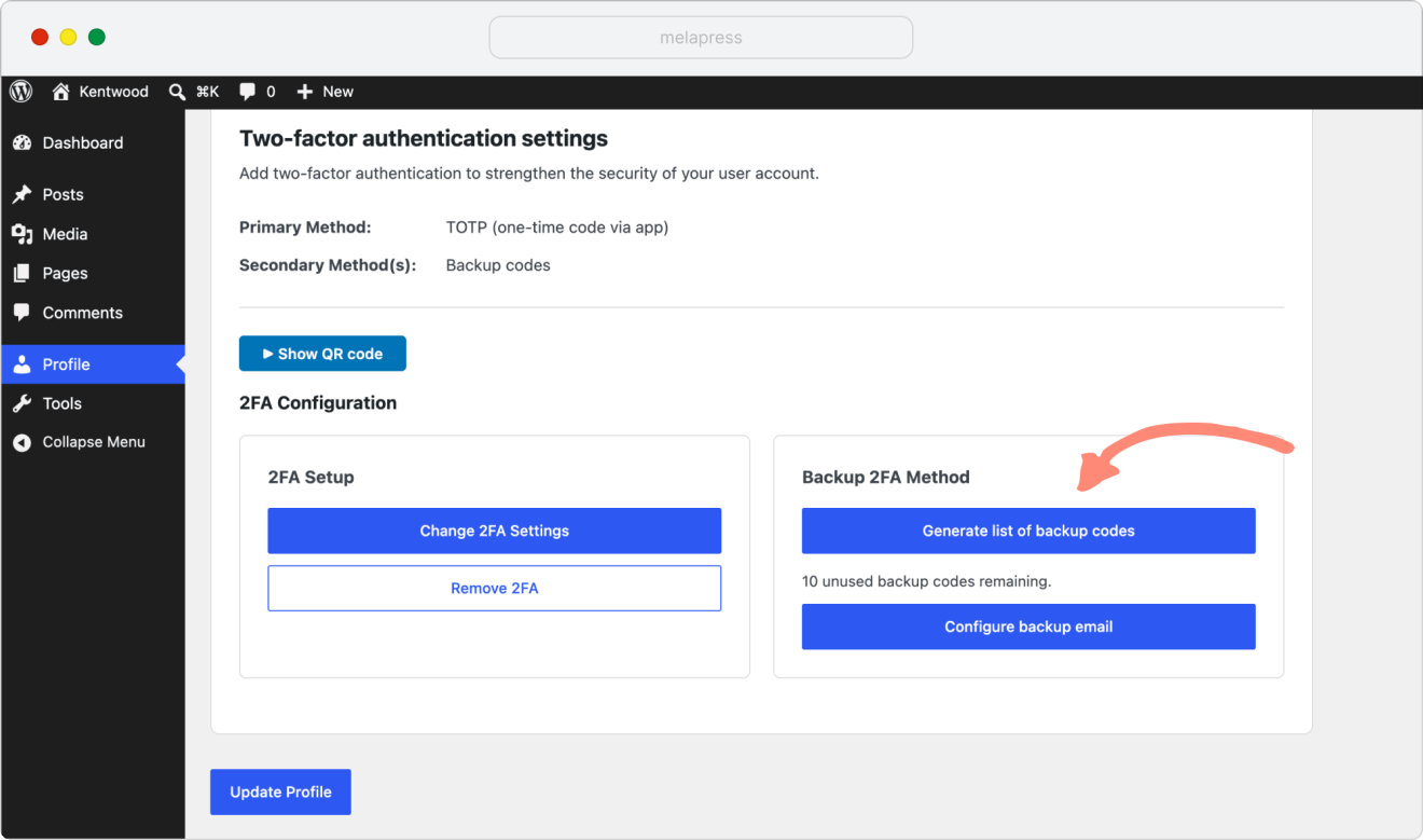 generate backup codes from user profile page