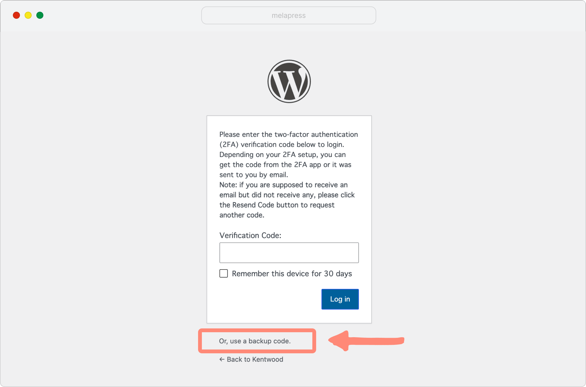 backup option on the WordPress login page screen