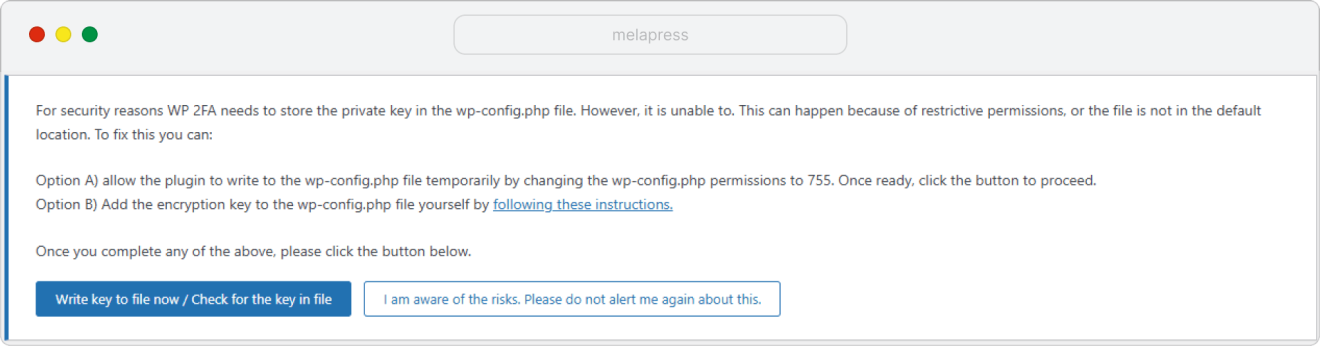 notification wp 2fa needs to store private key in wp-config file 