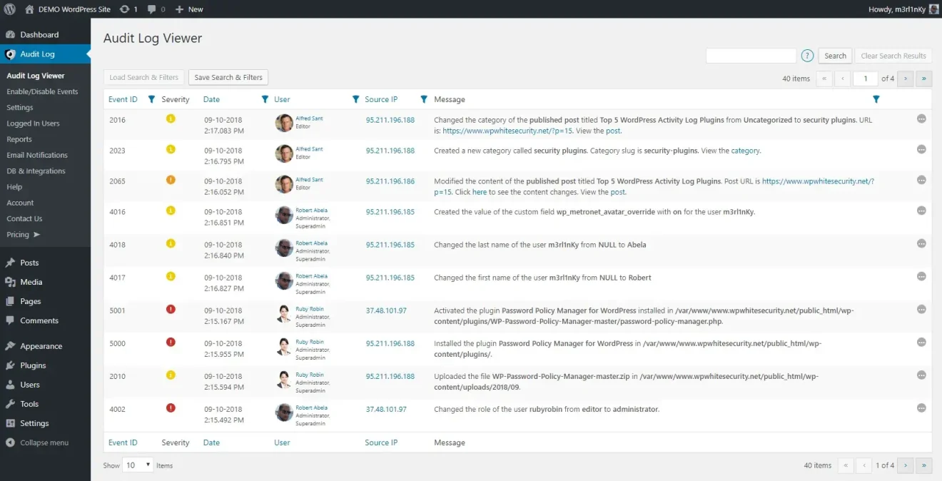 WordPress audit trial (activity log)