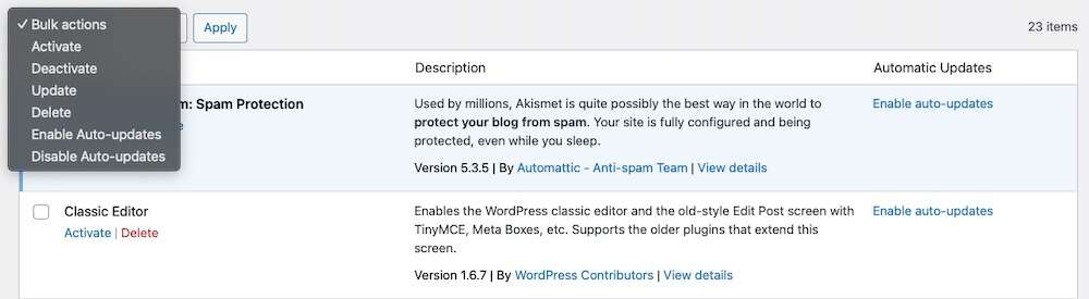 WordPress bulk actions option for deleting inactive plugins