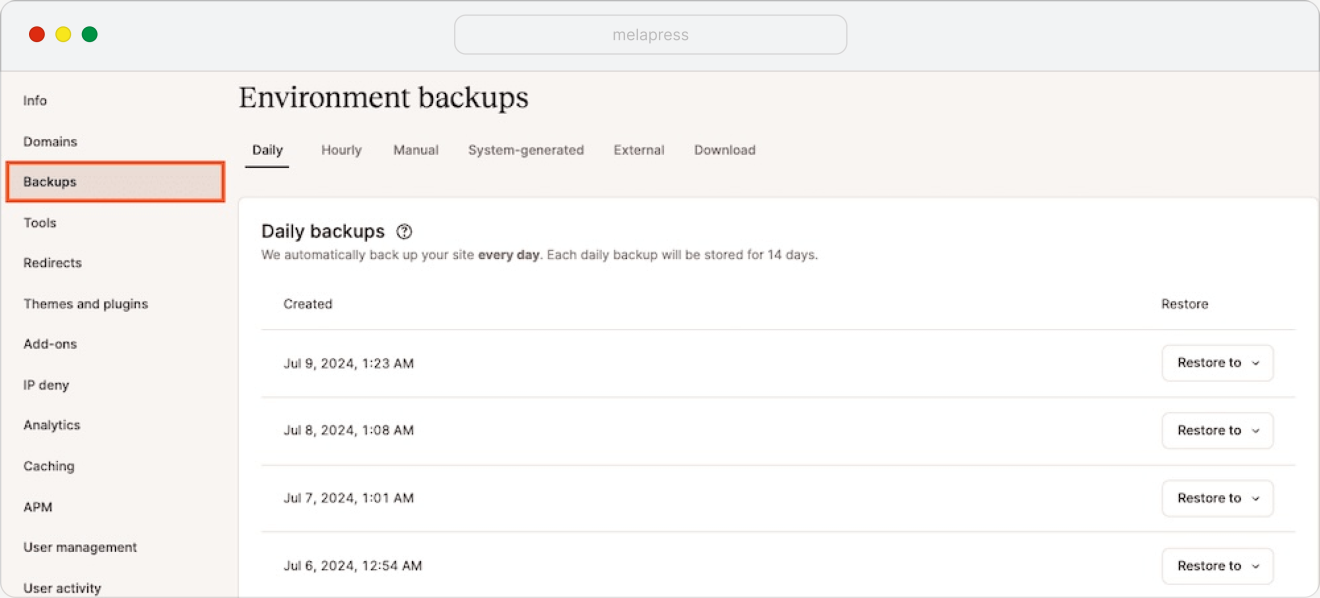 Enviornment backups in Kinsta back-end