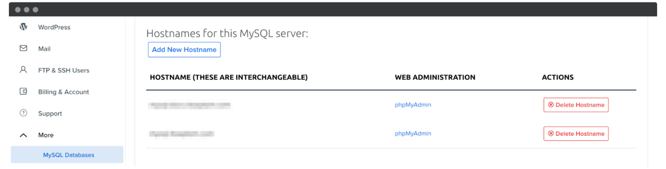 The MySQL database screen in a web host.