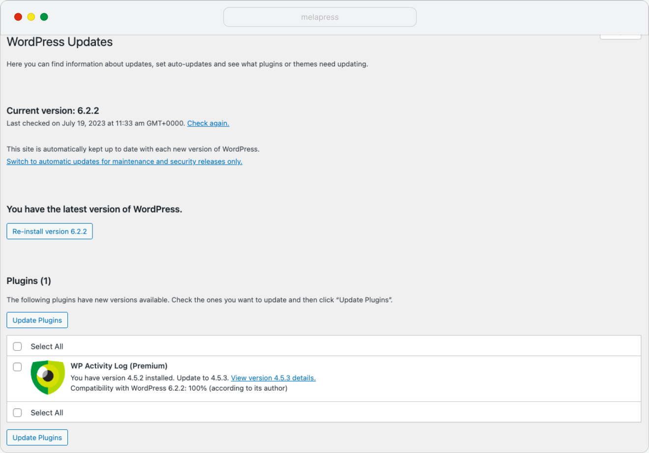 WordPress updates page