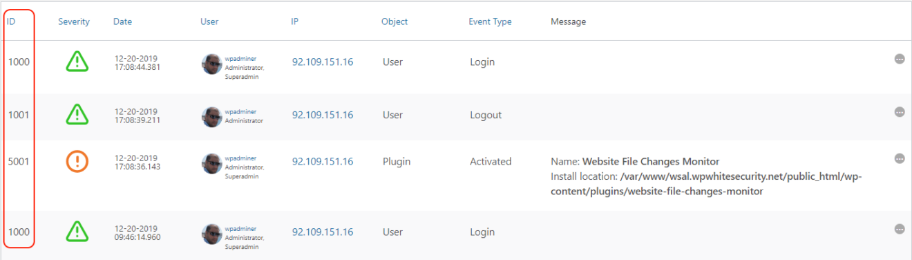 wp activity log events