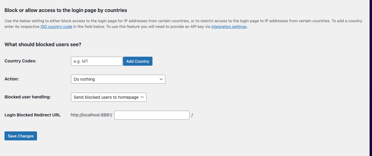 WordPress login page geo-blocking configuration 