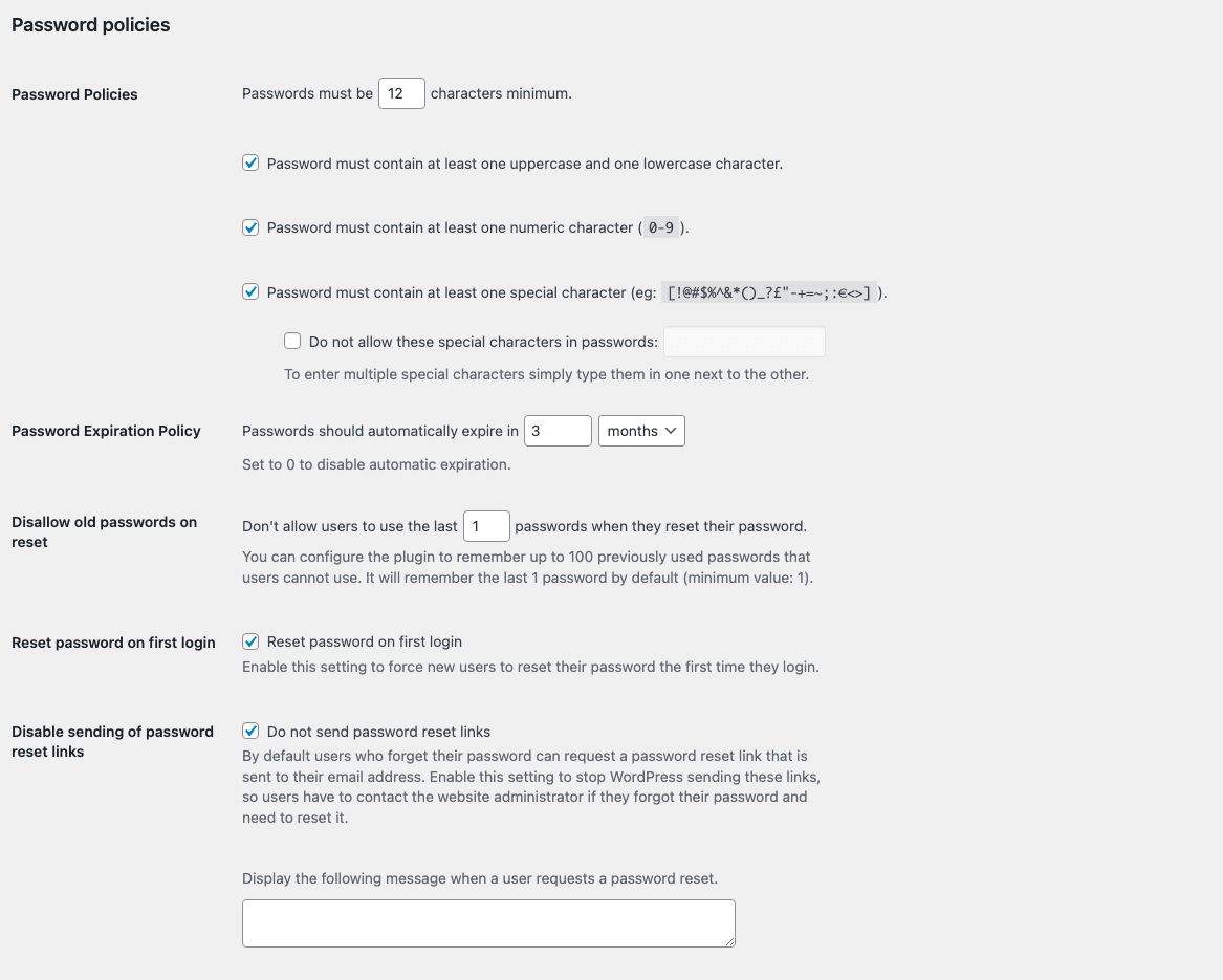 WordPress password policies configuration options