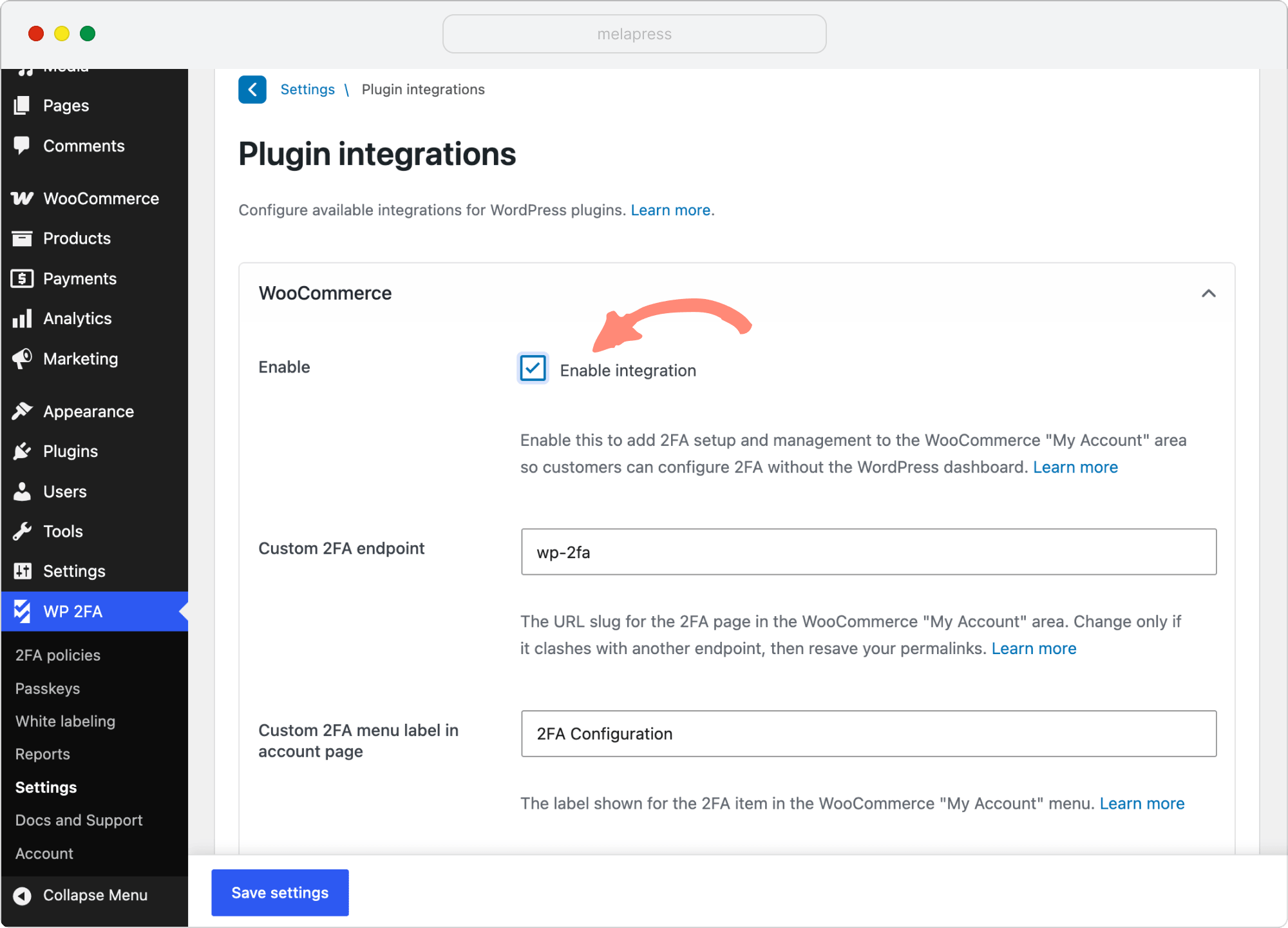 enable woocommerce integration in wp 2fa plugin
