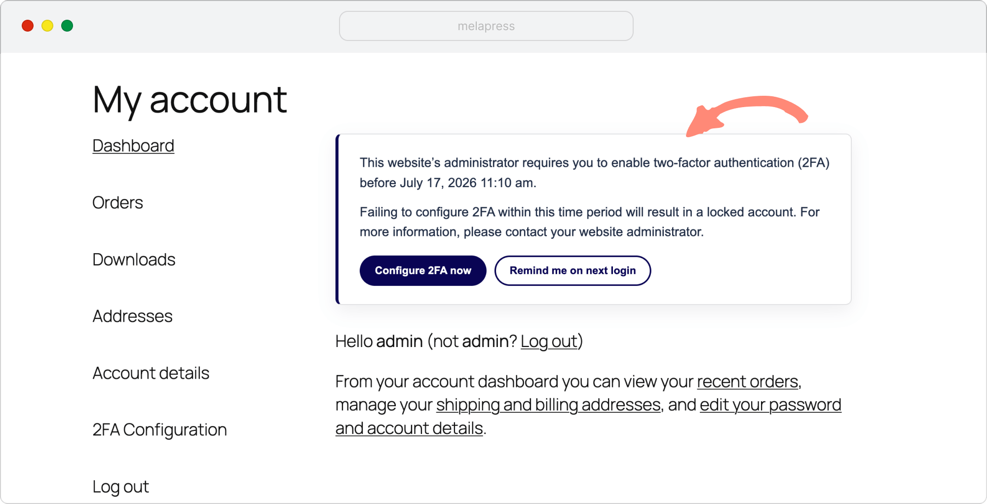showing 2fa notice on the my account user page