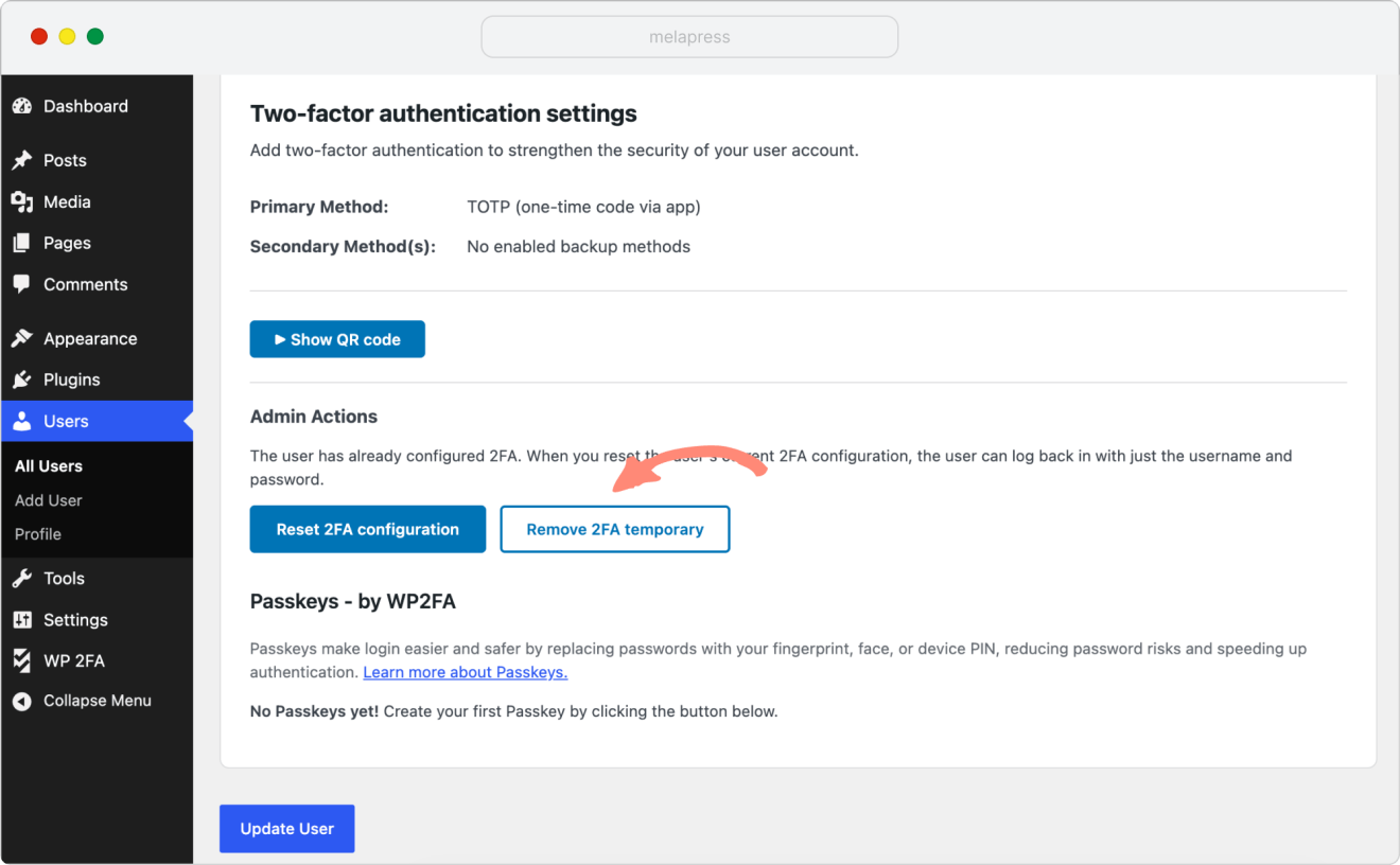 remove 2fa temporary from user profile