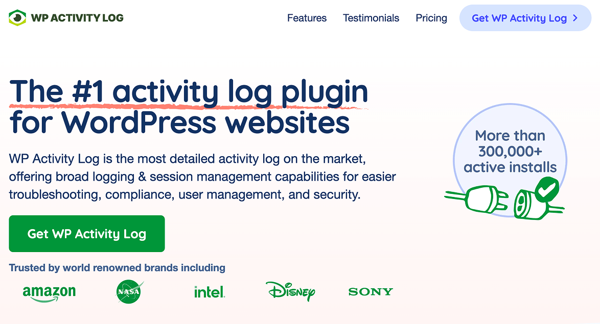 wp activity log plugin landing page screenshot