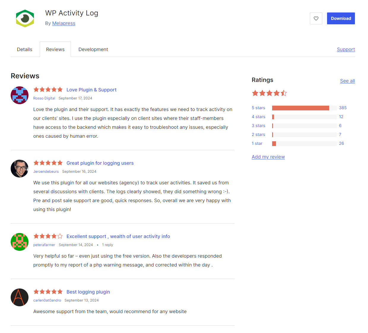 Plugin reviews on WordPress repository