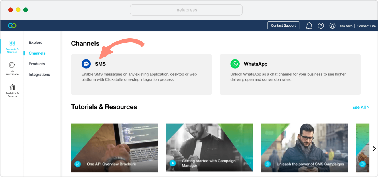 choose sms in clickatell channels 