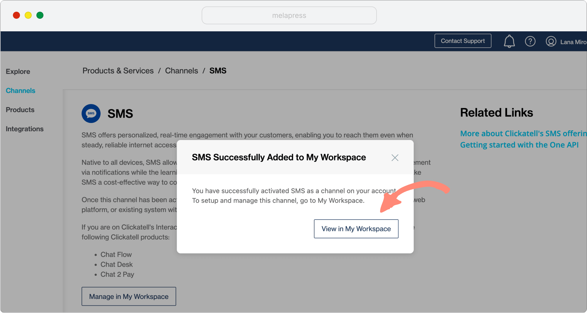 message of sms added to clickatell workspace