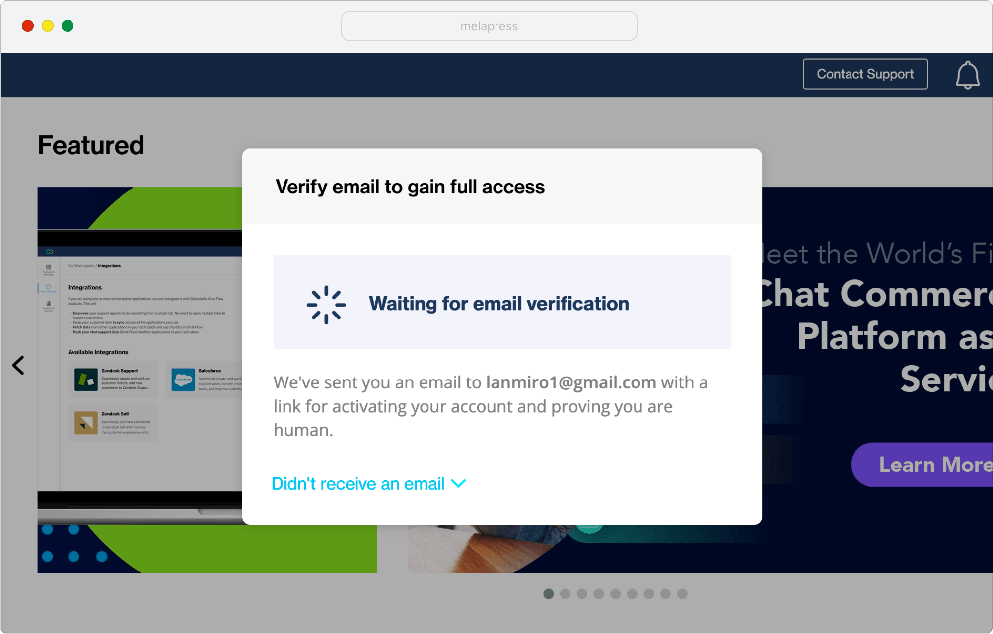 screenshot of waiting for verification message on Clickatell website