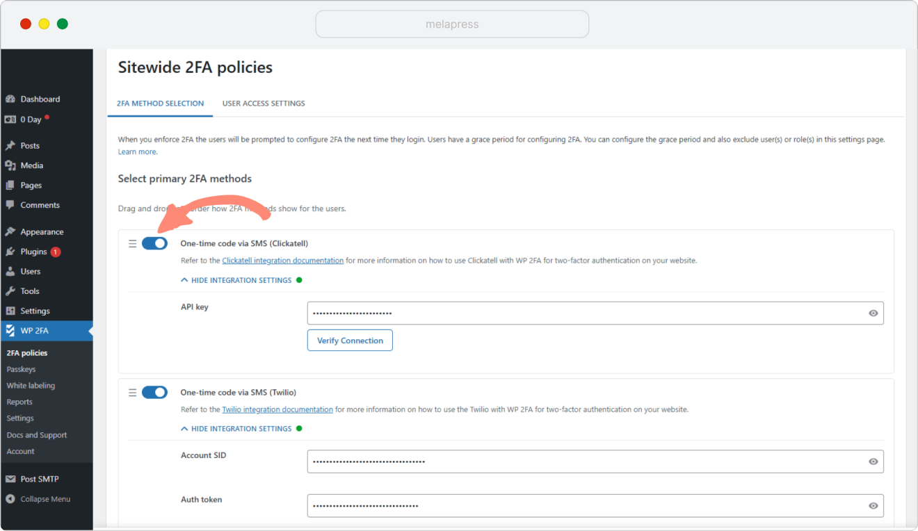 enable sms authentication in WP 2FA