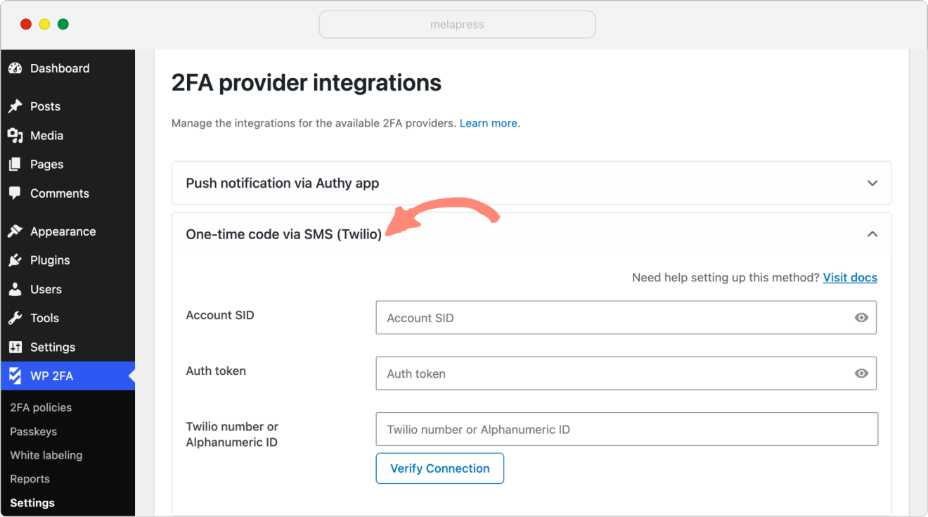 2fa provider integrations in WP 2FA plugin, example of clicking on Twilio tab