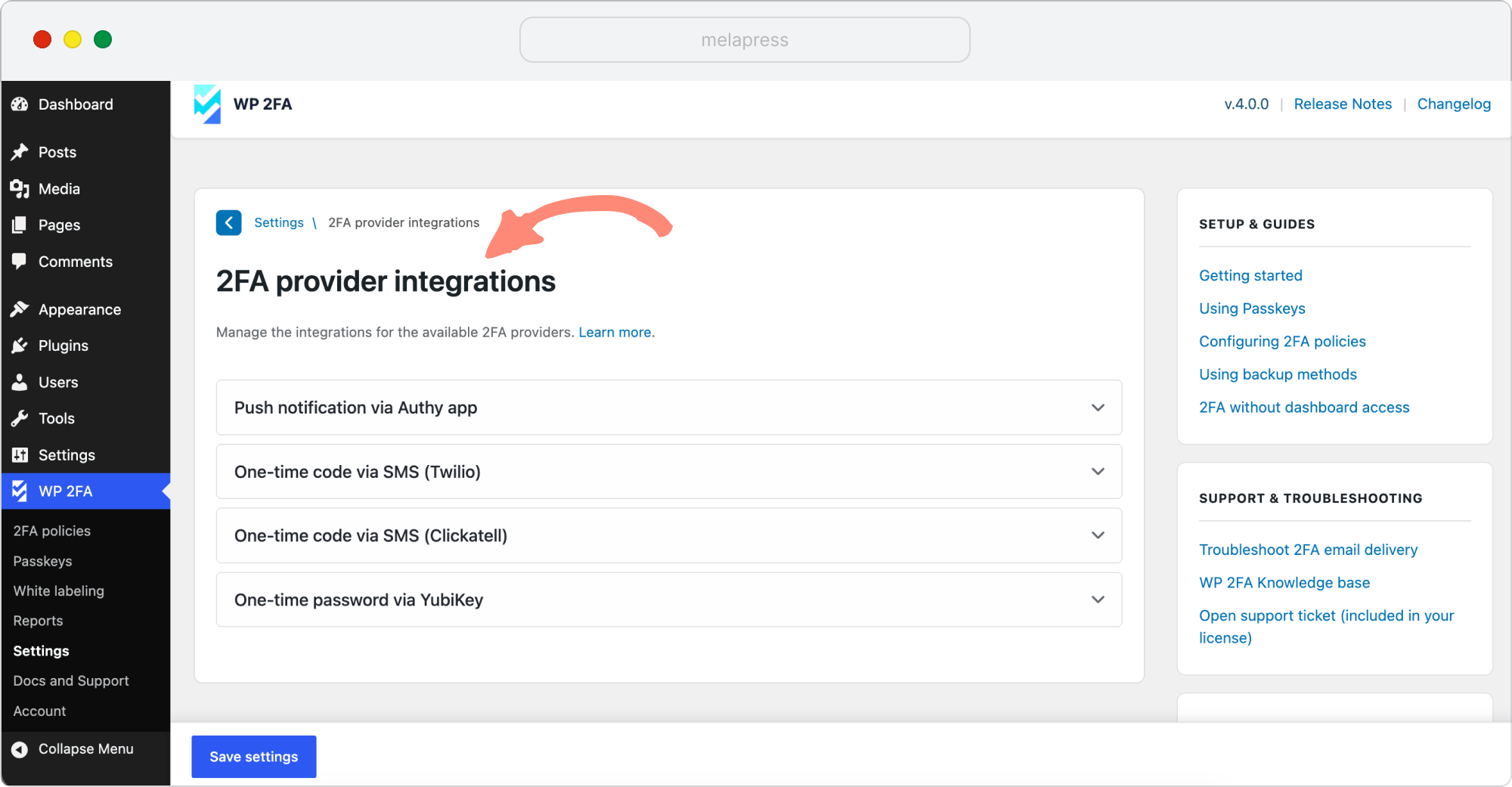 WP 2FA provider integrations 