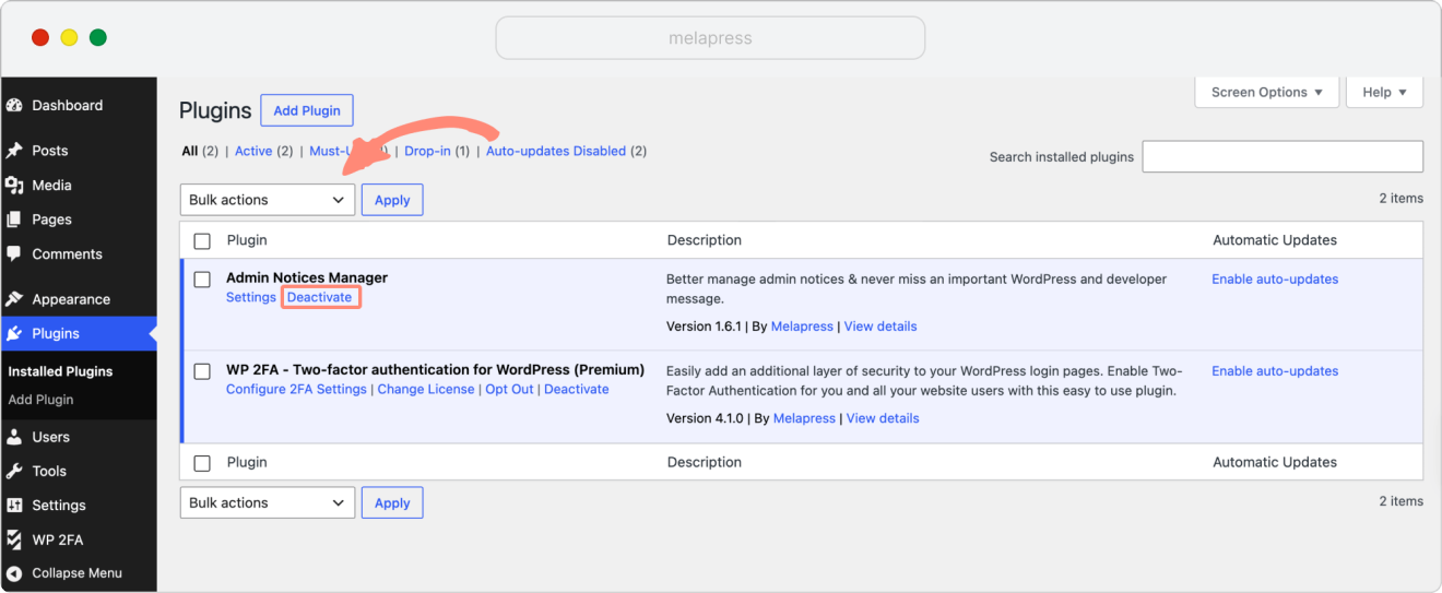 deactivate plugin in wordpress dashboard