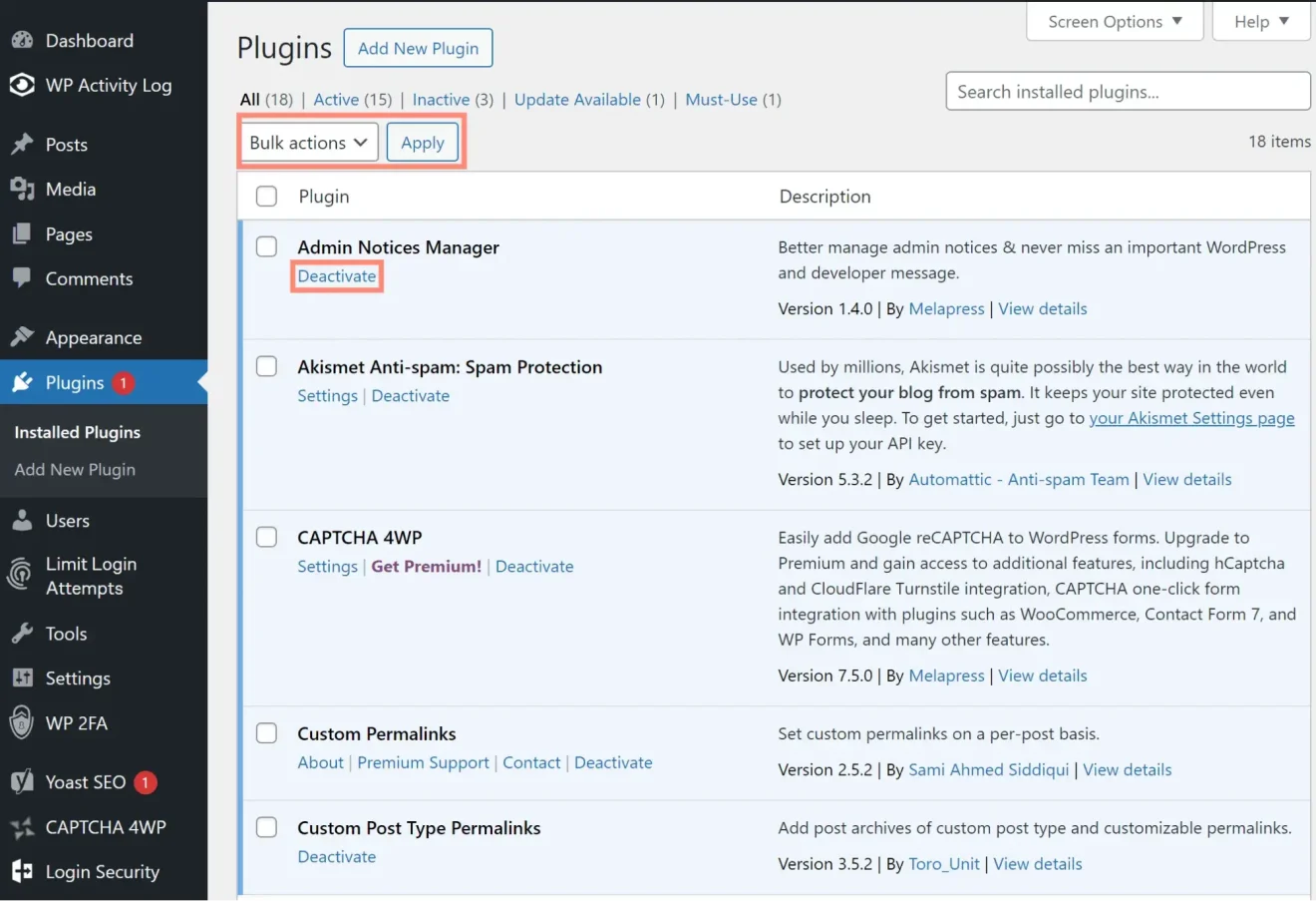 Deactivate WordPress plugins