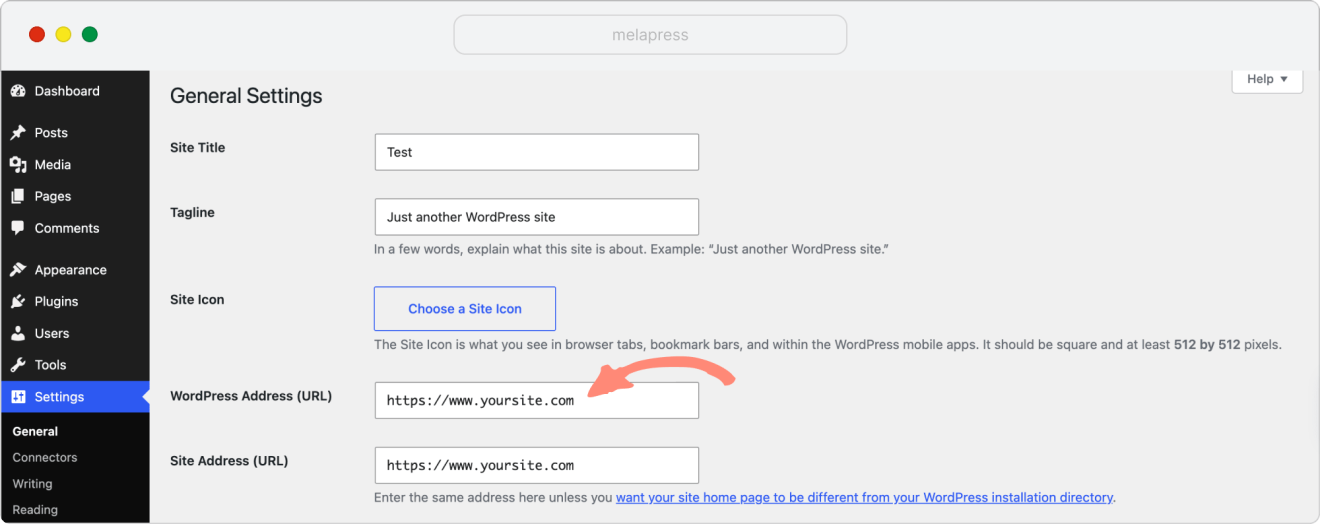 checking site address in WordPress settings