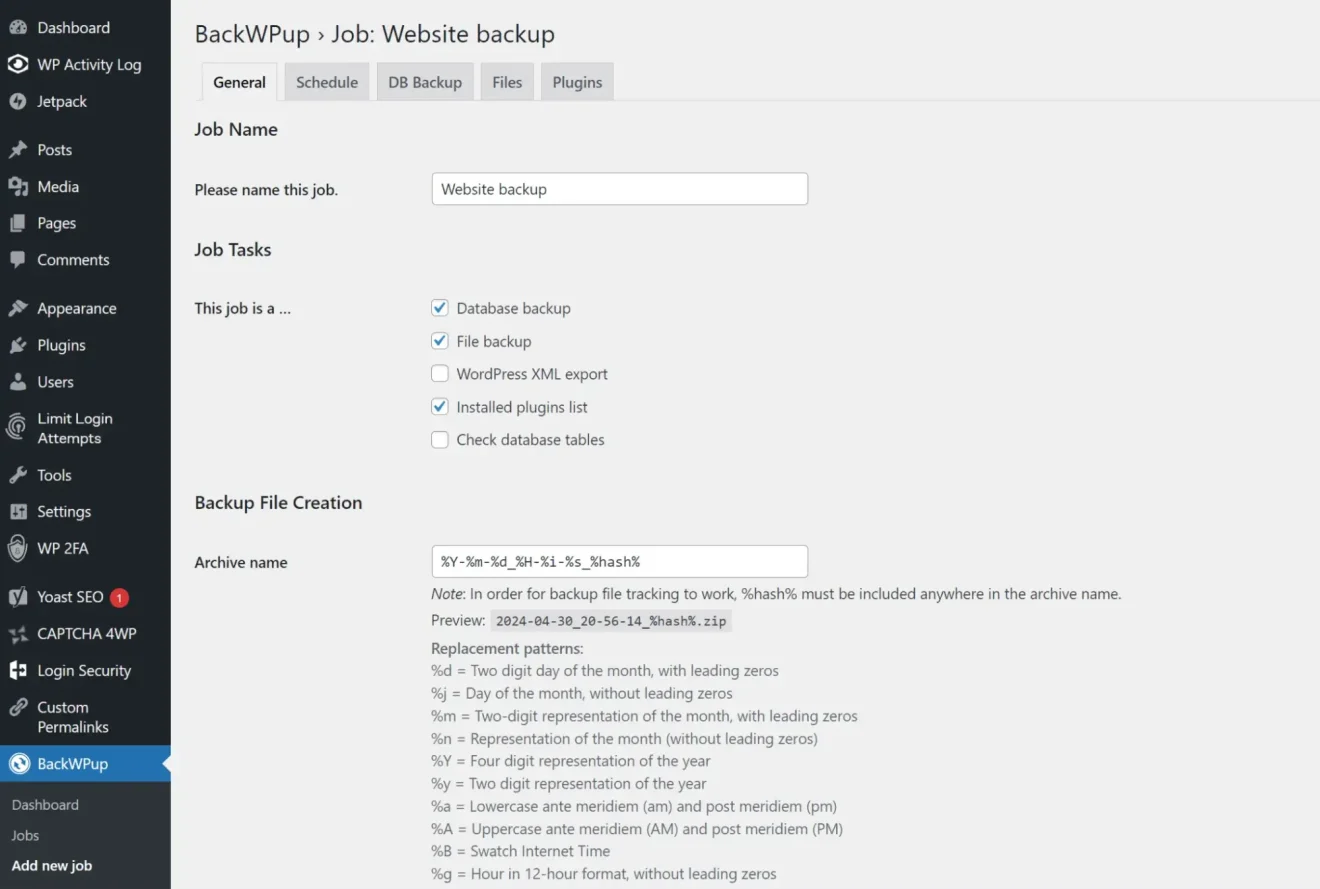 WordPress backup settings page