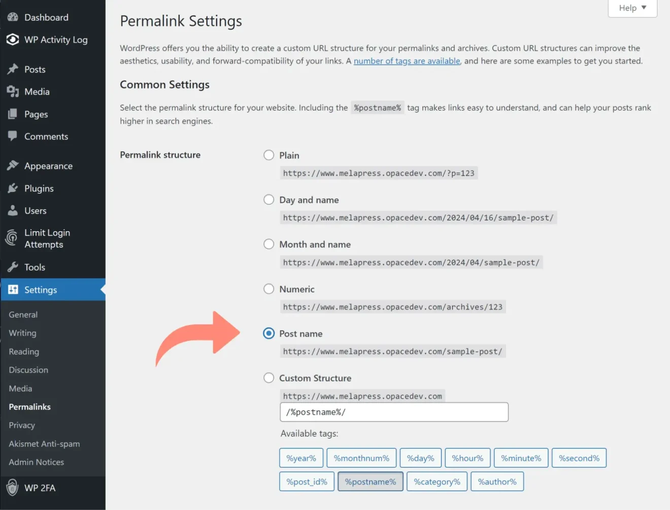 WordPress permalink settings