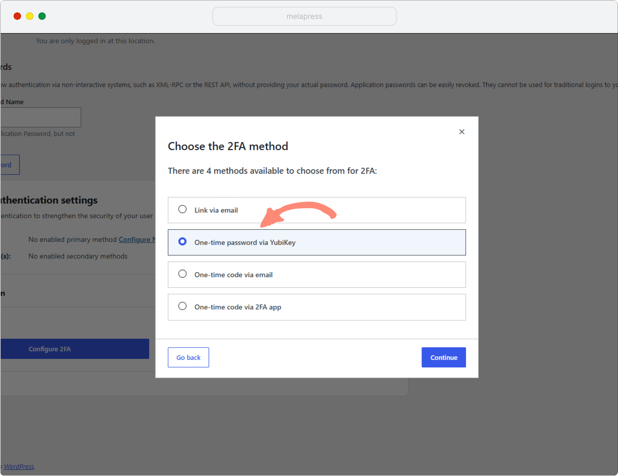 choosing yubikey as 2fa method