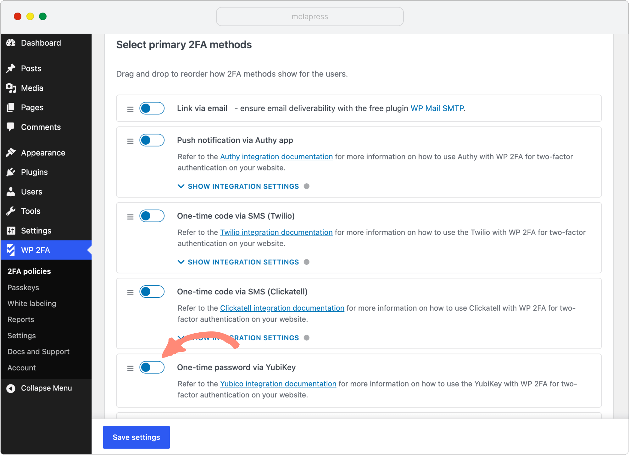 enable yubikey option in wp 2fa settings