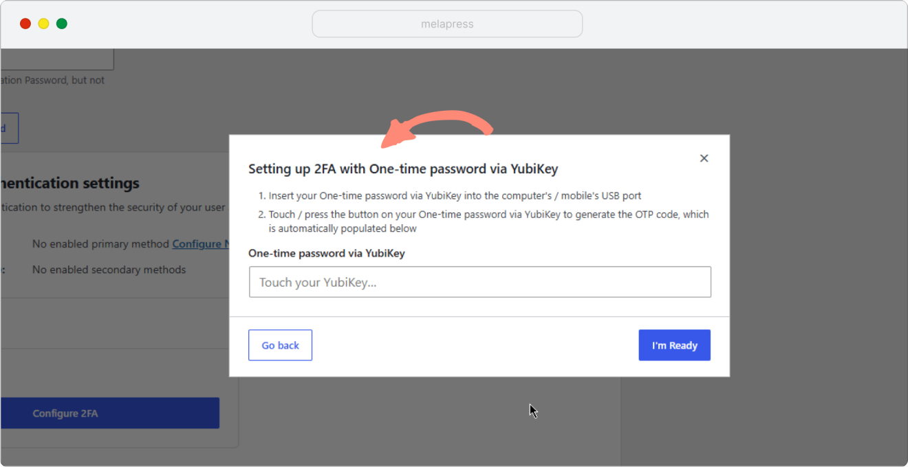 modal of setting up 2fa with one-time password via yubikey