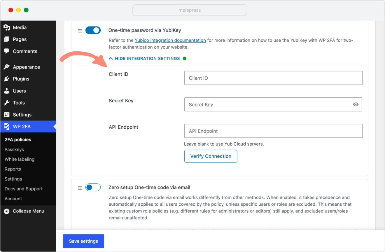 Yubikey integration settings inside 2fa policies