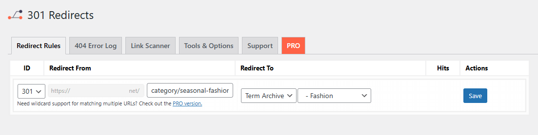 A screenshot of 301 redirects with redirect rules tab open. You can choose ID,  type in redirect from and redirect to.