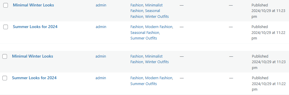 A screenshot of posts and categories with publishing date.