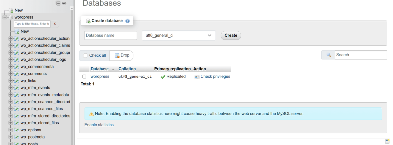 WordPress database tables view in phpMyAdmin