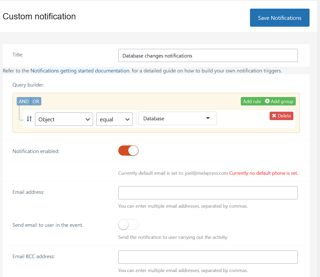 A screenshot of wordpress activity log custom notification configuration.