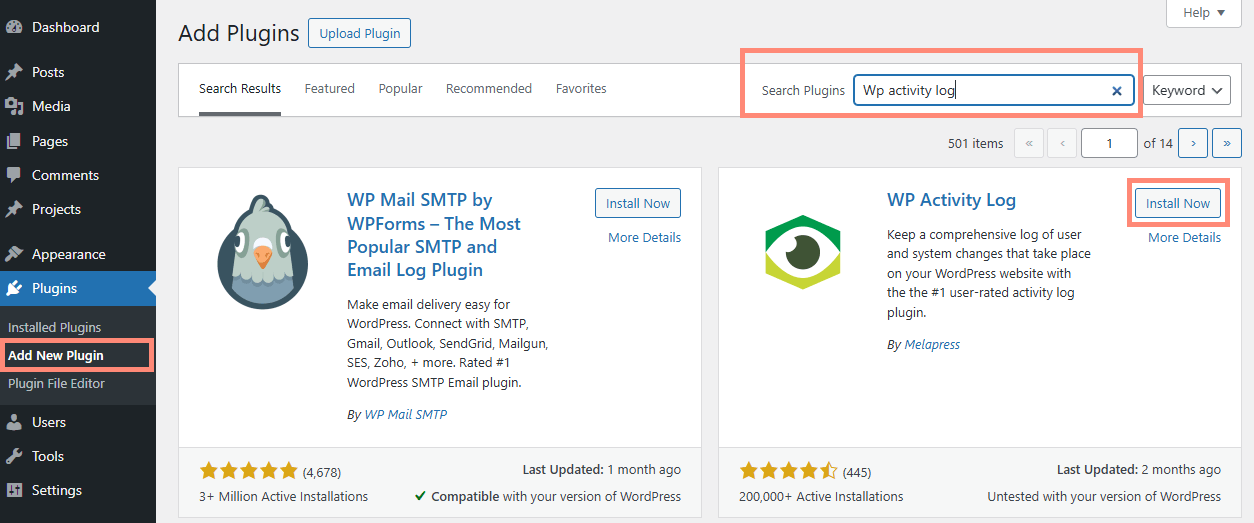 A screenshot of WP Activity log install now page