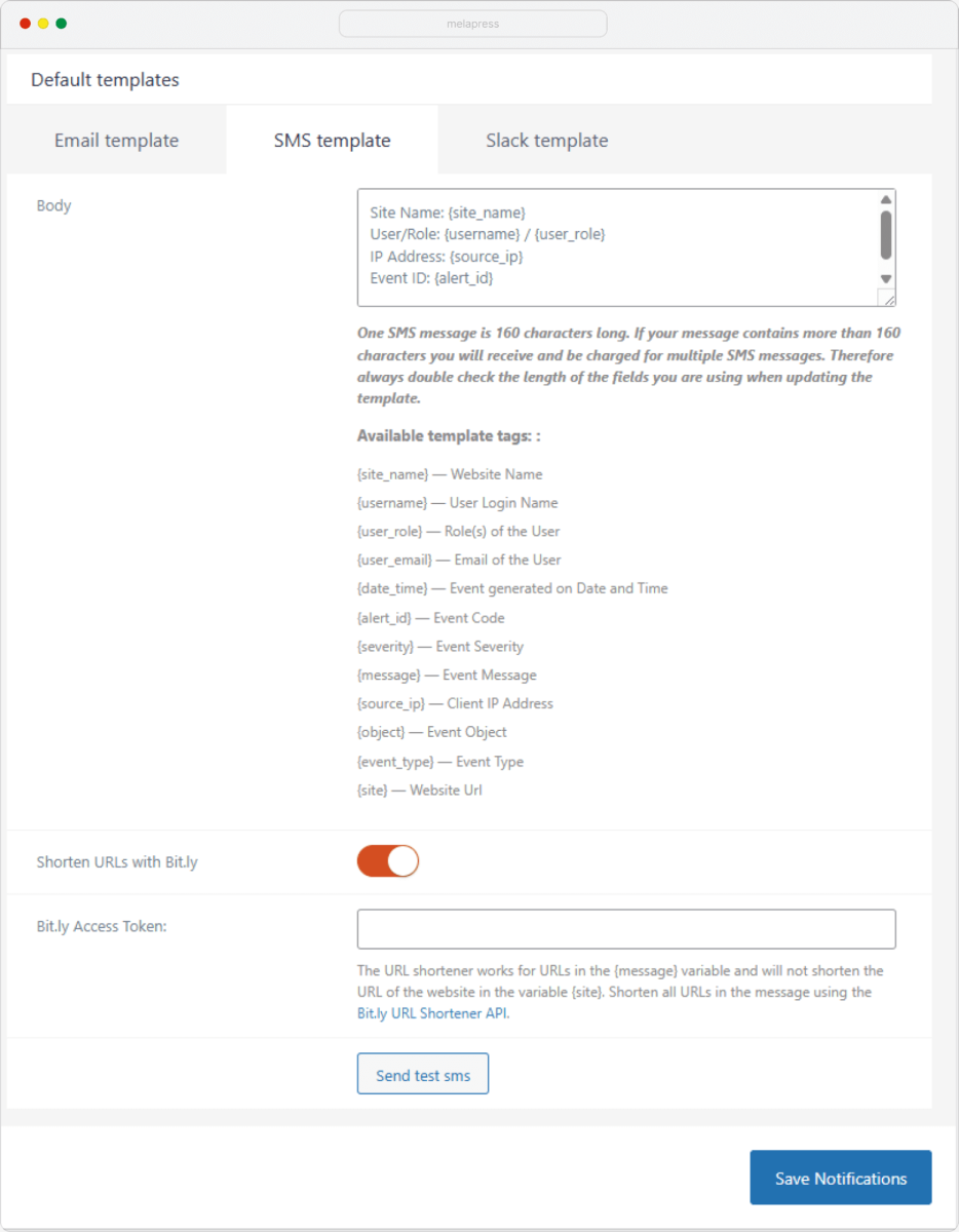 A screenshot of the WP Activity Log SMS notification template