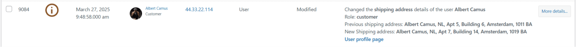 A screenshot of WP Activity Log shipping information changed.