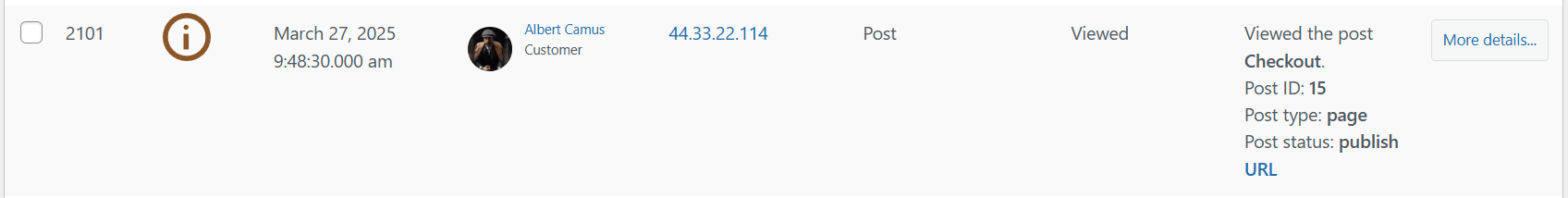 A screenshot of WP Activity Log information provided.