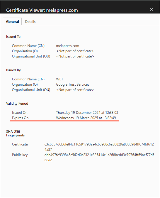 A screenshot of TLS certificate